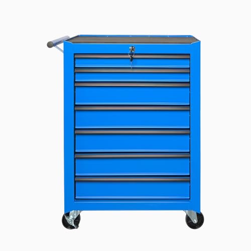 Rolling Metal Tool Chest with 7 Drawers – 20" Steel Tool Cabinet with Ball Bearing Slides, Lockable Storage Organizer for Garage & Workshop – Blue - color: Blue-7