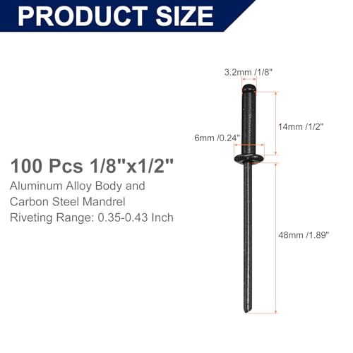 uxcell 100Pcs 1/8" x1/2" Aluminum Blind Rivets, Aluminum Grip and Steel Mandrel, Dome Head Long Split Rivets for Metal, Furniture, Automotive, Black - color: Black, size: 1/8"x1/2"