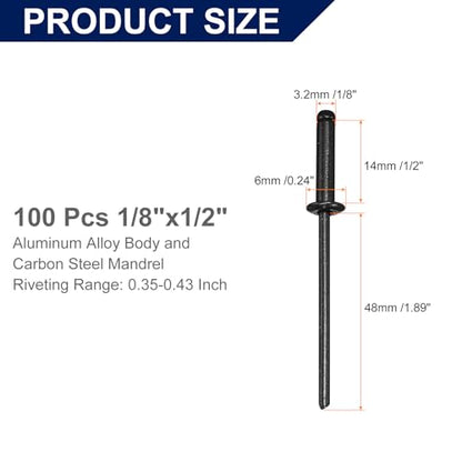 uxcell 100Pcs 1/8" x1/2" Aluminum Blind Rivets, Aluminum Grip and Steel Mandrel, Dome Head Long Split Rivets for Metal, Furniture, Automotive, Black - color: Black, size: 1/8"x1/2"
