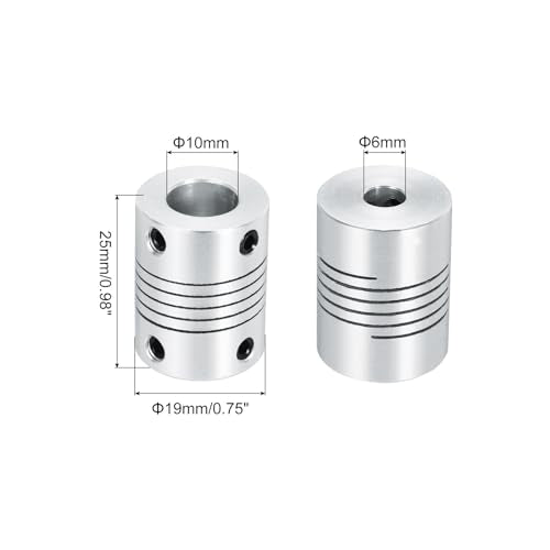 uxcell 2Pcs 6mm to 10mm Aluminum Alloy Shaft Coupling L25xD19 Flexible Coupler Beam for 3D Printer CNC Machine DIY Encoders and Motors Shaft,Silver - size: 6mm to 10mm