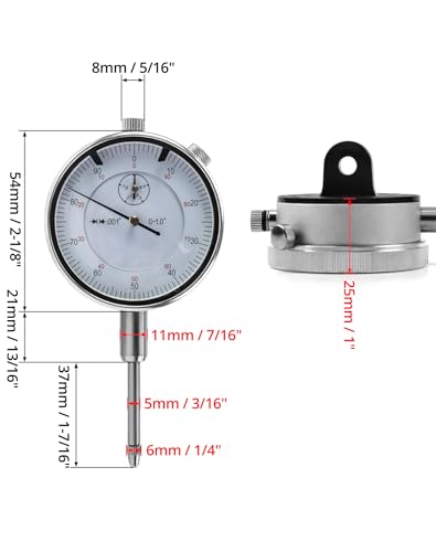 QWORK 0-1 Inch Dial Indicator with Carbide Anvil, 2 Pack, 0.001 Inch Resolution, Interchangeable Flat & Lug Back – 2 Inch Dial, Twist-Lock Bezel