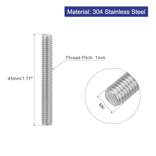 uxcell 8Pcs Fully Threaded Rod, M6 x 45mm 304 Stainless Steel Right Hand Thread Bar Studs M6-1 Thread Pitch for Furniture Machinery Assembly - size: M6 x 45mm