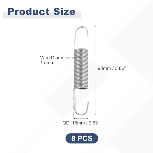 uxcell 8Pcs Stainless Steel Extension Spring Dual Hook 1.5mmWD, 16x98mmODxL - size: 1.5mm Wire, 16mmx98mm(ODxL)
