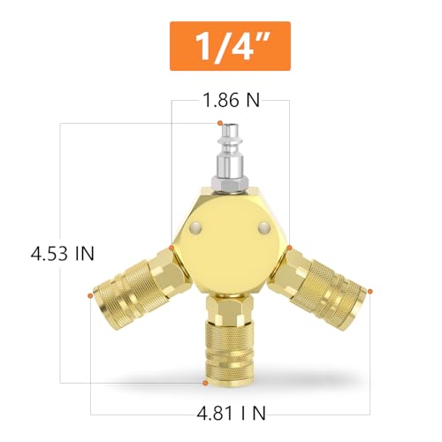 GASHER 1/4" basic body size Aluminum Hex Style 3-Way Air Manifold with 3 Pieces Steel Industrial Coupler and Plug, Air Compressor manifold Hose Accessories Quick Connect Fittings (2-Pack) - style: YELLOW 2PCS