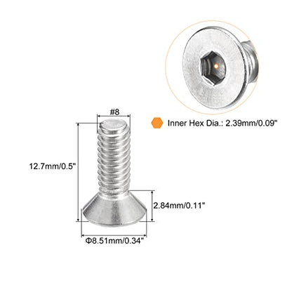 uxcell #8-32x1/2 Flat Countersunk Head Socket Cap Screws, 50Pcs 304 Stainless Steel Hex Socket Flat Head Screws, Full Thread, Countersunk Bolts - size: #8-32x1/2"