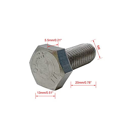 M8 Hex Bolt, M8-1.25 x 20mm Hex Head Screw Bolts, 304 Stainless Steel, Fully Threaded, Plain Finish, Hex Tap Bolts 20Pcs (M8x20mm) - size: M8x20mm