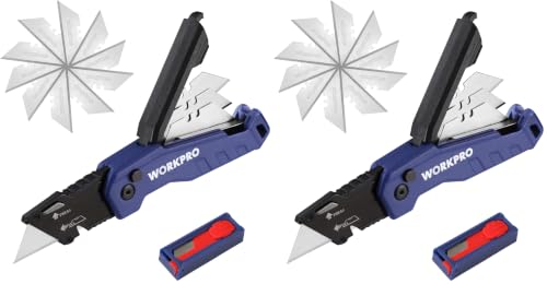 WORKPRO Folding Utility Knife, Quick Change Box Cutter, Blue (Pack of 2) - color: Blue, size: 4.5 inches (Pack of 2)