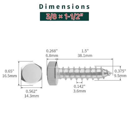 3/8 x 1-1/2" Hex Head Lag Screws Bolts with Flat Washers (20 Sets), 304 Stainless Steel 18/8, Full Thread, Deck Screws, Heavy Duty Hex Head Wood Lag Screws, Fayeploo - size: 3/8 x 1-1/2"