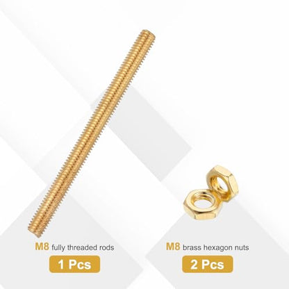 uxcell Brass Fully Threaded Rod, M8x1.25mm Pitch Right Hand Threads Studs with Solid Brass Hex Nuts, 100mm/4 Long Threaded Screw Rods Fasteners for Anchors Bolts Hangers Clamps - size: M8x1.25mmmm100mm
