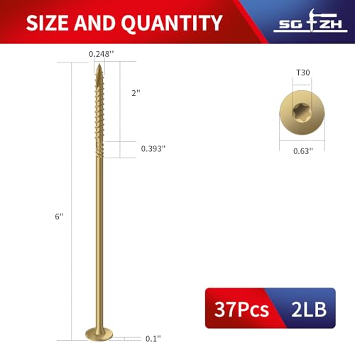 #14 x 6 Inch Outdoor Structural Wood Deck Screws (37Pcs/2lb), Carbon Steel, Tan, Flat Head, Rust Resistant Epoxy Coated, T30 Star Bit - color: Tan, size: #14 x 6"