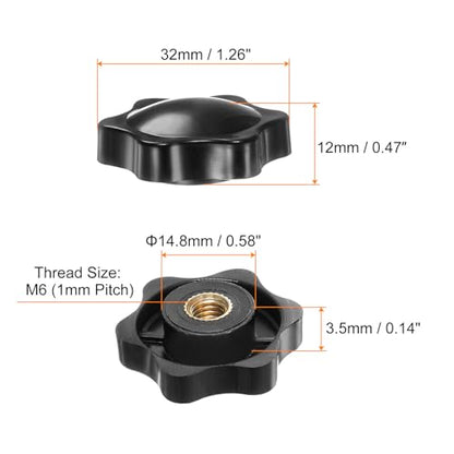 HARFINGTON 6pcs Star Knobs M6 Female Thread 32mm 6-Point Plastic Head Brass Insert Non-Through Hole Screw-in Threaded Hand Knob Clamping Handle, Black - color: Black, size: M6 x 32mm