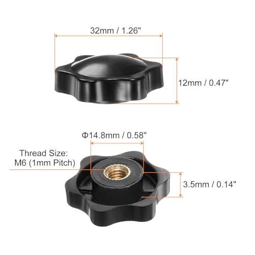 HARFINGTON 6pcs Star Knobs M6 Female Thread 32mm 6-Point Plastic Head Brass Insert Non-Through Hole Screw-in Threaded Hand Knob Clamping Handle, Black - color: Black, size: M6 x 32mm