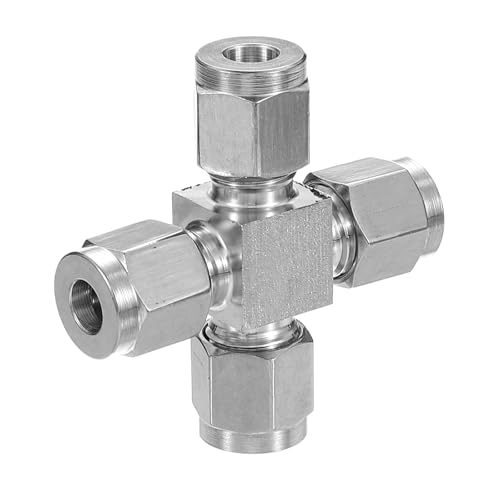 PATIKIL 304 Stainless Steel Cross Compression Tube Fitting 6.4mm, 1/4" ID, Pipes Adapter for Water Garden Irrigation System, Silver - size: 0.25 Inch