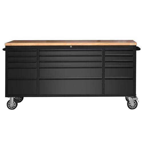 72" Heavy-Duty Rolling Tool Chest & Garage Workbench with 15 Drawers, Steel Cabinet, Rubber Wood Top, Key Locking System, Drawer Liners, On Wheels for Warehouse Repair Shop, Black - size: 72 Inch Black