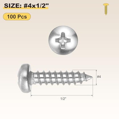 METALLIXITY Phillips Pan Head Self Tapping Screw #4x1/2 100Pcs - color: Silver Tone, size: #4x1/2"