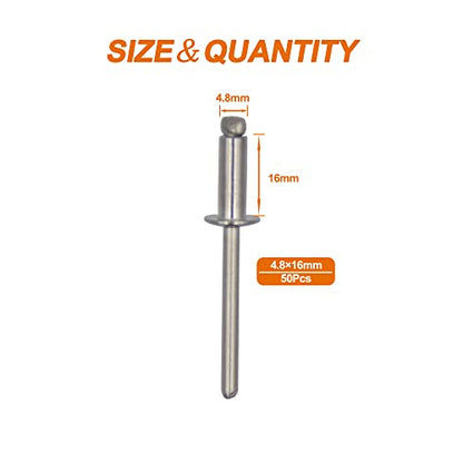 ISPINNER 50pcs 3/16" x 5/8" Stainless Steel Blind Rivets, 4.8 x 16mm Pop Rivets, Pack of 50 - size: 3/16" x 5/8"