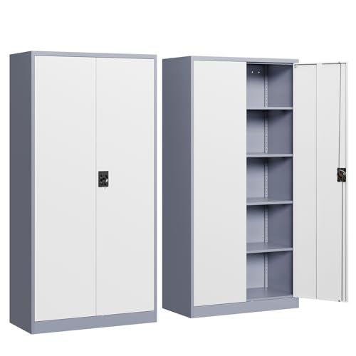 Yizosh Metal Garage Storage Cabinet with Lock, 72" Locking Tool Cabinet with 2 Doors and 4 Shelves for Garage,Office,School (Gray White) - color: Gray White, size: 18"D x 36"W x 72"H