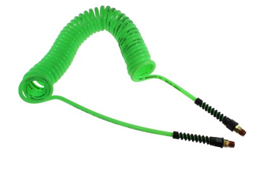 Coilhose Pneumatics PU14-20B-G Flexcoil Polyurethane Coiled Air Hose, 1/4-Inch ID, 20-Foot Length with (2) 1/4-Inch Reusable Strain Relief MPT Swivel Fittings, Neon Green - color: Green, size: 1/4" X 20 Feet
