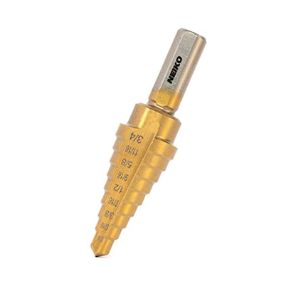 NEIKO 10184A Step Drill Bit, 9 Steps 1/4” to 3/4” Straight High Speed Steel, Titanium Nitride Coated, 3/8” Tri Flat Step Bits for Steel, Metal, Wood, Plastic, Unibit Cone Drill Bits, Two Flute - size: #3 (1/4 - 3/4", 9S), style: Straight
