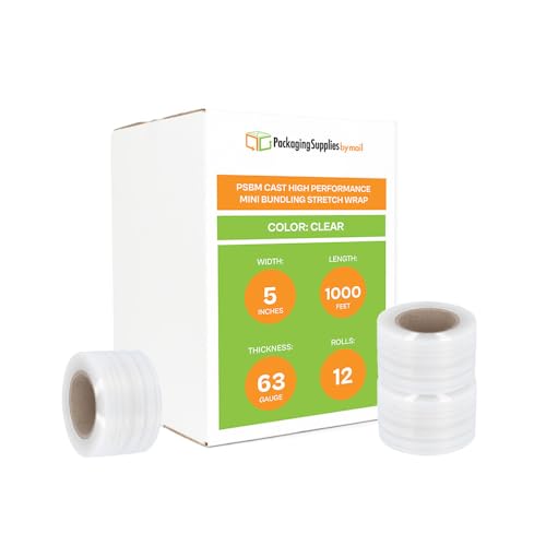 PSBM Mini Stretch Wrap with Plastic Handle, 12 Rolls 5 Inch x 1000 Feet 63 Gauge Heavy Duty Clear Plastic Wrap Industrial Strength Shrink Film for Moving, Packing & Shipping - size: 5 Inch, style: 63 GA
