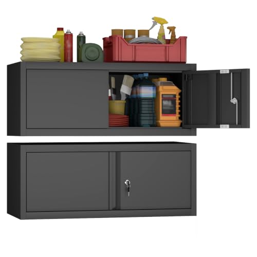 IRONFFICE Metal Garage Wall Cabinets,13" H Garage Storage Cabinet Wall Mounted,Floating Storage Organization with Doors,Locking Hanging Cabinet for RV,Home Office,Warehouse,Black - color: Black, size: 13"H