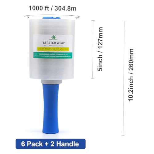 BOMEI PACK 6 Pack Industrial Mini Clear Stretch Wrap with 2 Handles 5" 1000ft 80 Gauge for Pallet Film, Durable Self-Adhering Plastic Wrap for Packing,Shipping, Moving, Heavy Duty (Clear) - color: Clear
