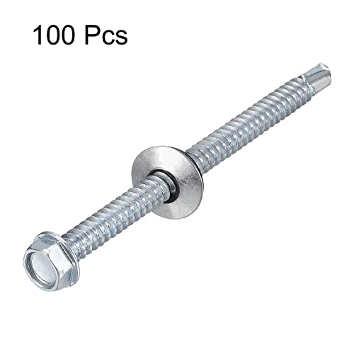 uxcell #14 x 3-9/16" Self Drilling Screws with Rubber Washer, 100pcs Zinc Plated Steel Roofing Screws Hex Head Self Tapping Screws with EPDM Washer for Metal to Metal - size: #14 x 3-9/16"