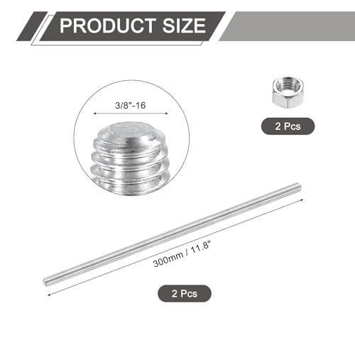 uxcell 3/8"-16 Fully All Threaded Rod, 2 Pcs 304 Stainless Steel Long Threaded Screw 11.8" Length Right Hand Threads for Furniture Mounting Assembly Fastening - size: 11.8"