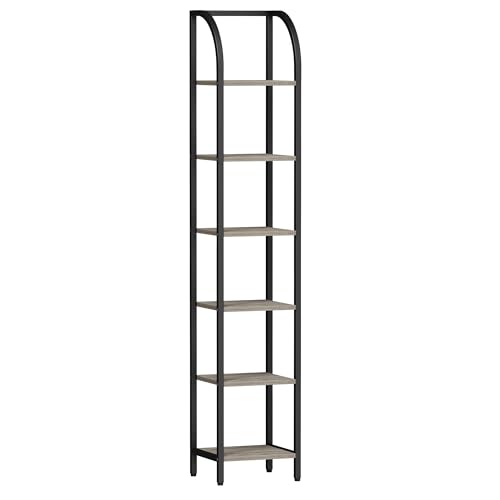 Hzuaneri Bookshelf Narrow Bookcase, Tall Storage Rack with Steel Frame - color: Greige, size: 11.8 × 13.2 × 71.9 inch
