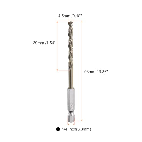 HARFINGTON 4pcs M35 High Speed Steel Cobalt Twist Drill Bit 4.5mm/0.04" Dia with Quick Change 1/4" Hex Shank Jobber Drill Bit for Metal, Steel, Copper, Aluminum, Zinc Alloy - size: 4.5mm