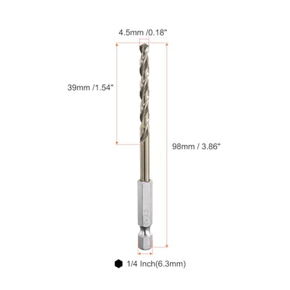 HARFINGTON 4pcs M35 High Speed Steel Cobalt Twist Drill Bit 4.5mm/0.04" Dia with Quick Change 1/4" Hex Shank Jobber Drill Bit for Metal, Steel, Copper, Aluminum, Zinc Alloy - size: 4.5mm