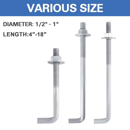 1/2" x 16" Concrete Anchor Bolts (10 Pack) L Shaped, Hot-Dip Galvanized - size: 1/2"x16" (10 PCS)
