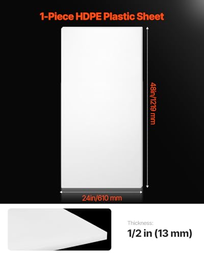 VEVOR HDPE Plastic Sheet Board, 1 Pack High Density Polyethylene Sheet Plastic Panel, 24 x 48 Inch 1/2 Inch Thick Customizable Plastic Panels, for DIY Crafts, Heavy Duty Industrial Equipment, White - size: 24 x 48 Inch