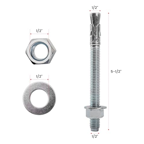 1/2" x 5‑1/2" Concrete Anchors, Wedge Anchor, Carbon Steel,10 Pcs - size: 1/2"x5-1/2"