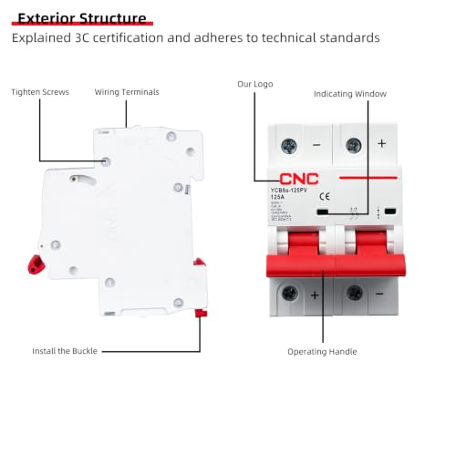 CNC DC Miniature Circuit Breaker, 2 Pole 500V 100 Amp DIN Rail Mount Isolator for Solar PV System, Thermal Magnetic Trip, High Current DC Disconnect Switch MCB 2P C100 - size: 100 Amp