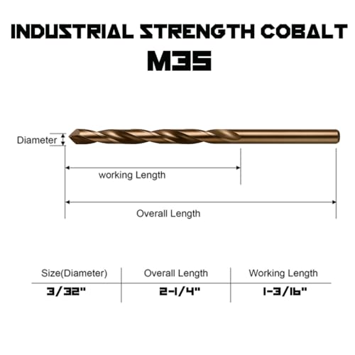 Narwhal 3/32 Inch Cobalt Drill Bits (13 Pack - Industrial Grade M35 Cobalt) 2-1/4" Length & 135 Degree Split Point for Drilling Into Metal, Hardened & Stainless Steel, Cast Iron, & More! - size: 3/32 in