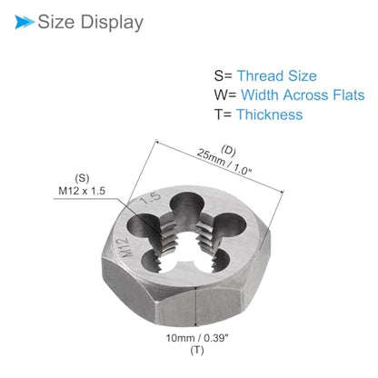 Hex Rethreading Die, M12 x 1.5 Pitch, Carbon Steel Cylindrical Pipe Threading Tool with 5 Chip Holes - (Applications: for Threading Repairing) - size: M12x1.5
