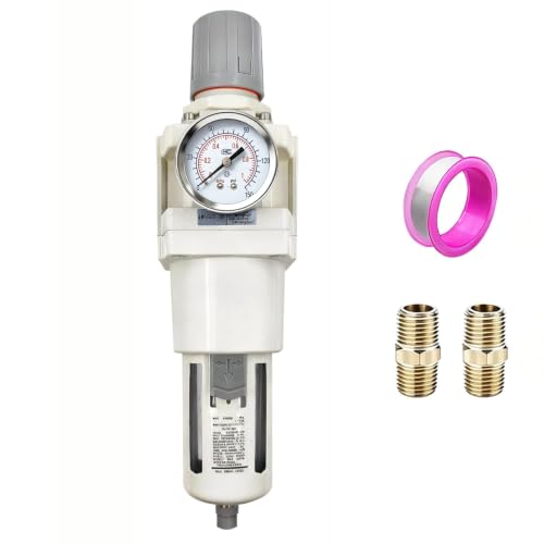 XingNEeng 1" NPT Compressed Air Filter Regulator Combo Piggyback, Water/Oil Trap Separator with Pressure Gauge(0-150 psi), Semi-Auto Drain, Poly Bowl, 5 Micron Brass Element, Metal Bracket - color: 1" Npt, size: Semi-Auto Drain