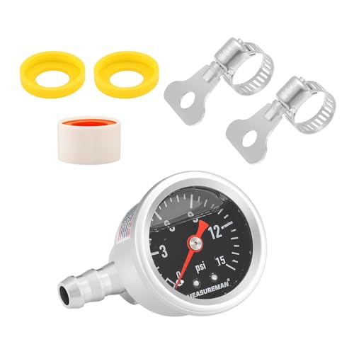 MEASUREMAN 0-15 Psi Glycerin Filled Fuel Pressure Gauge, 1.5” Dial, 304 Stainless Steel Case, 1/8” NPT Center Back Mount, with 3/8” Fuel Line Adapter, Copper Tube & Fittings, Red Aluminum Pointer - size: 0-15 psi, style: Back Mount (7 Pieces Kit Black)