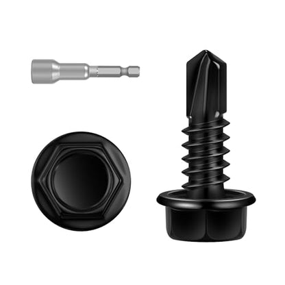 100 PCS #12 x 3/4" Sheet Metal Screws, Black Hex Washer Head Self Drilling Screw, Flanged Self Tapping Screws, 410 Stainless Steel - size: #12 x 3/4"