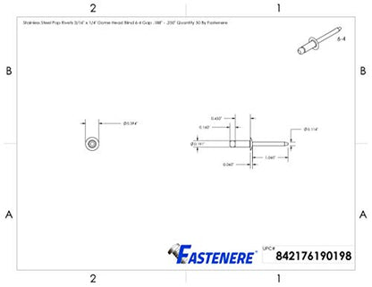 Fastenere Pop Rivets - 3/16" x 1/4" (50pcs) Heavy Duty, Open-End, Stainless Steel, Dome-Head Blind Rivets, Corrosion-Resistant, High Tensile & Shear Strength, 6-4 Gap 0.188"-0.250" - size: 3/16" x 1/4" (6-4) (50 Pack)