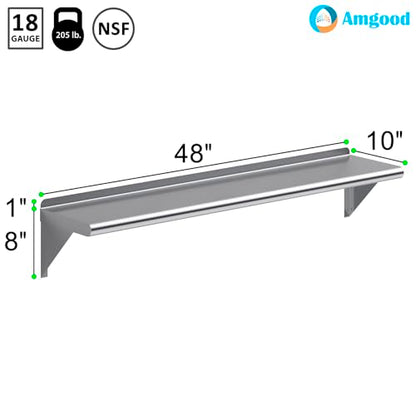 AmGood 10 in. x 48 in. Stainless Steel Wall Shelf with Backsplash - Holds 205 lbs - NSF 18-Gauge, Bullnose Edge | Long Shelf for Laundry, Garage & Pantry - size: 10 in. x 48 in.
