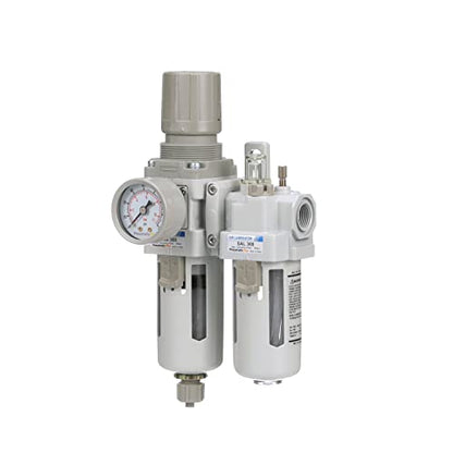PneumaticPlus SAU310-N03G Compressed Air Filter Regulator Lubricator Piggyback Combo 3/8" NPT - Poly Bowl, Manual Drain, Bracket, Gauge