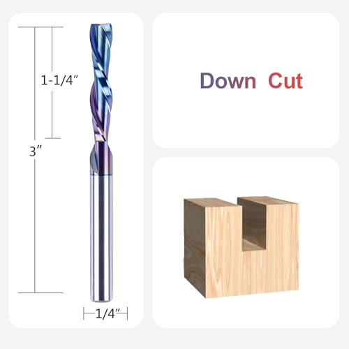 SpeTool Down Cut Spiral Router Bits 1/4 Shank with Coating, 1-1/4 Inch Cutting Length 3 Inch OVL, CNC Bits for Wood Inlay Slot Mortise Cutting Carving Engraving - size: 1/4" Dia - 1-1/4" CL -1/4" Shank, style: DOWN CUT