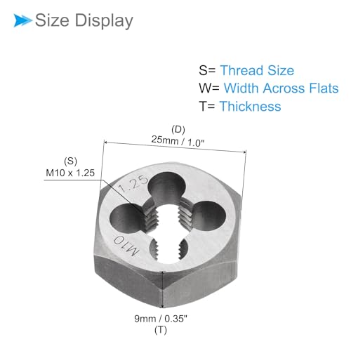 Hex Rethreading Die, M10 x 1.25 Pitch, Carbon Steel Cylindrical Pipe Threading Tool with 4 Chip Holes - (Applications: for Threading Repairing) - size: M10x1.25