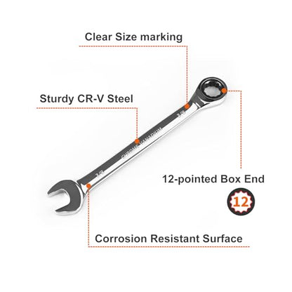Egofine 3/8 inch Ratcheting Combination Wrench SAE, Industrial Grade Gear Spanner with 12-Point Design, 72-Tooth Ratchet, Chrome Vanadium Steel - size: 3/8"
