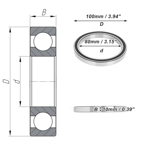 ACROPIX 6816DDU Deep Groove Ball Bearings 80x100x10mm Silver Tone Black - size: 80x100x10mm, style: 6816DDU