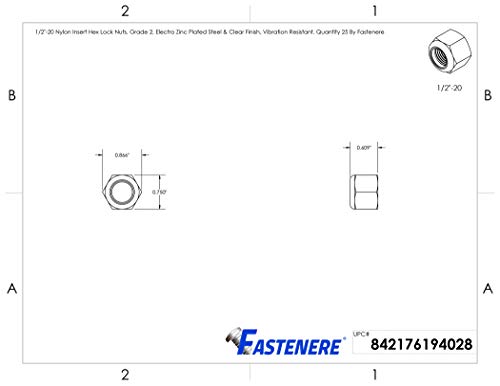 Fastenere Nylon Insert Hex Lock Nuts -1/2"-20 Grade 2 Zinc, Clear Finish, Corrosion-Resistant, Durable Hardware Nuts for Secure Fastening, Locking Nut, (25-Pack) - size: 1/2"-20 (25 Pack)