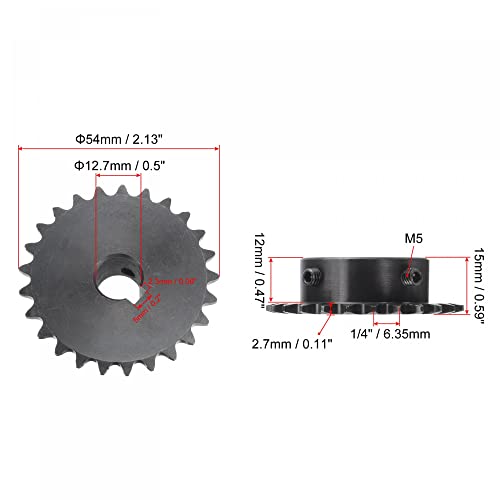 uxcell 25 Tooth Roller Sprocket B Type, #25 Chain, Single Strand 1/4" Pitch, 12.7mm Bore Black Oxide C45 Carbon Steel, Keyway with Set Screws for ISO 04C - size: 12.7mm