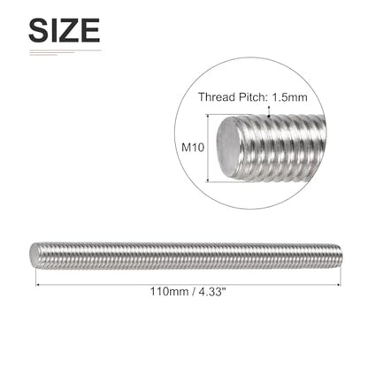 DTGN M10x1.5x110mm(DxPxL) Fully Threaded Rod - 5Pack - Good for Machinery - 304 Stainless Steel Right Hand Thread Rods Bar Studs - Silver - size: M10x1.5x110mm